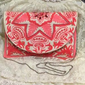 La Chic Multi Cultural Clutch/Crossbody w/Silver Chain NEW EMBROIDERED/BEADED